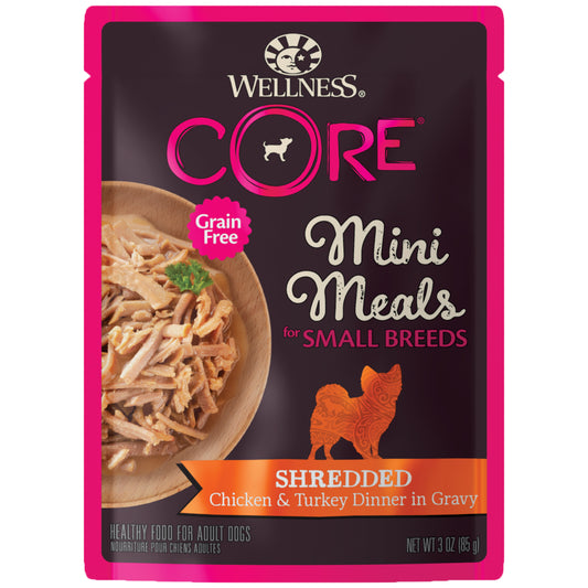 Wellness CORE Natural Grain Free Small Breed Mini Meals Wet Dog Food Shredded Chicken & Turkey Dinner in Gravy 3oz Pouch