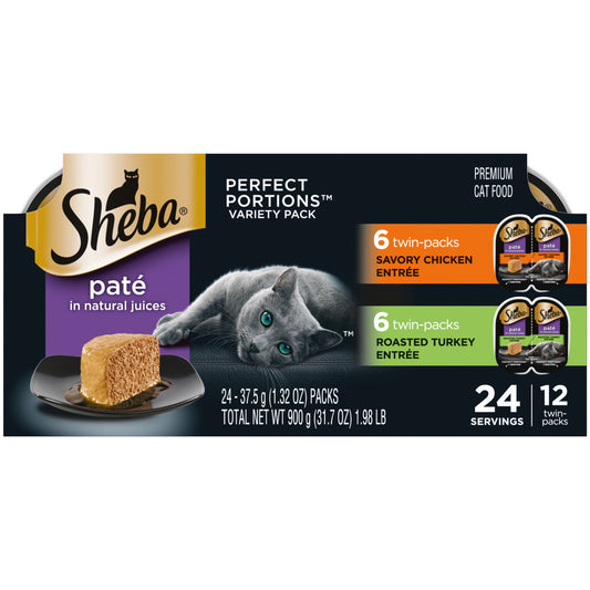 SHEBA Wet Cat Food Pate Variety Pack, Savory Chicken and Roasted Turkey Entrees 2.6 oz. Twin Pack Trays Variety 12pk