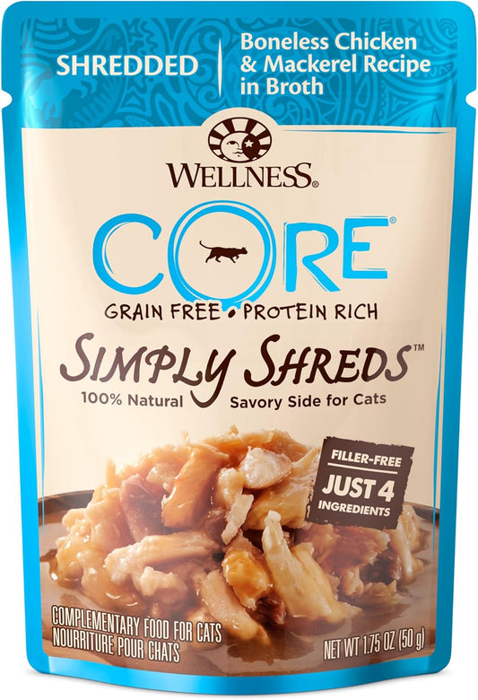 Wellness Core Simply Shreds Grain Free Wet Cat Food Mixer Or Topper, Shredded Boneless Chicken & Mackerel Recipe in Broth, 1.75oz