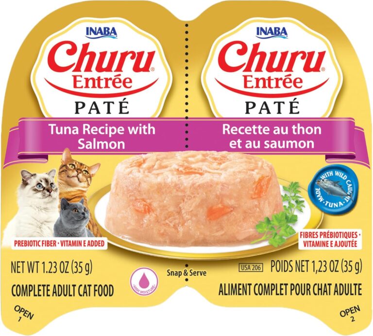 INABA Churu Entree Pate for Cats Grain Free Wet Cat Food Tuna with Salmon Recipe 2.4oz Split Tray