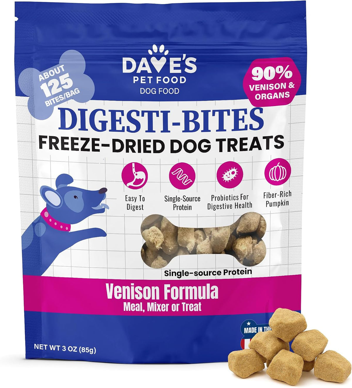 Dave's Pet Food Freeze Dried Venison Treats for Dogs, Venison & Pumpkin 3 oz