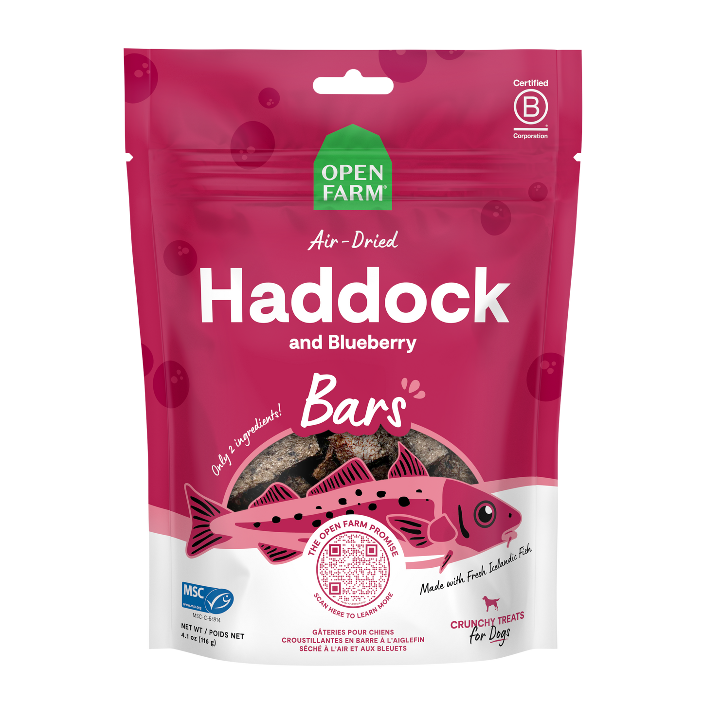 Open Farm Air Dried Haddock And Blueberry Crunchy Dog Treat Bars 4.1oz Bag