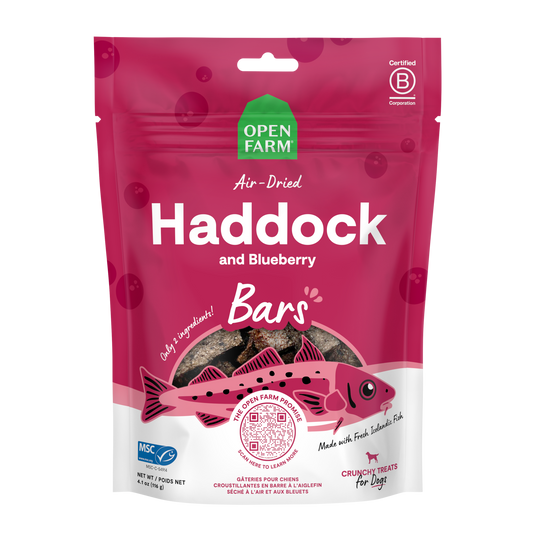 Open Farm Air Dried Haddock And Blueberry Crunchy Dog Treat Bars 4.1oz Bag