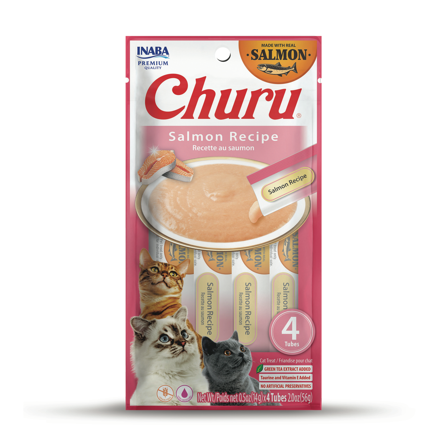 INABA Churu Cat Treats, Grain-Free, Lickable, Squeezable Creamy Purée Cat Treat with Vitamin E & Taurine, 0.5 Ounces Each Tube, 4 Tubes, Salmon Recipe