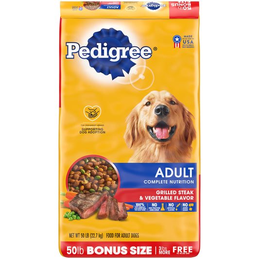 Pedigree Complete Nutrition Adult Dry Dog Food Grilled Steak & Vegetable Flavor Dog Kibble, 50lb Bag