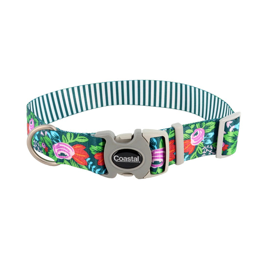 Coastal Sublime Adjustable Dog Collar, Flower Teal Stripe, Large - 1 1/2in x 18-26in