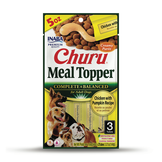 INABA Churu Purée Dog Food Toppers, 1.69 Ounce Tube, 3 Tubes, Chicken with Pumpkin