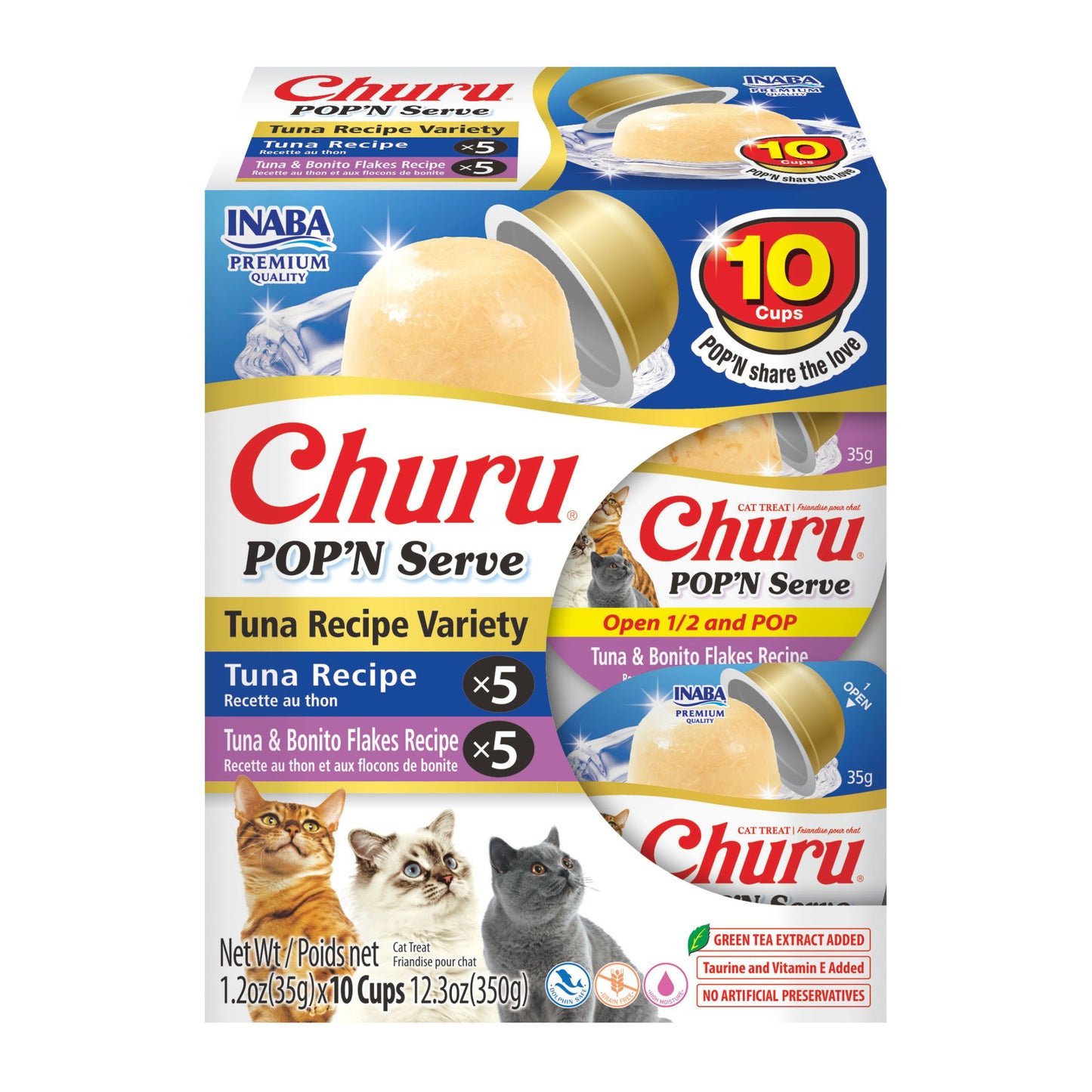 INABA Churu Pop'N Serve Jelly Cat Treat with Vitamin E & Taurine, 1.2 Ounce Cup, 10 Cups, Tuna Variety