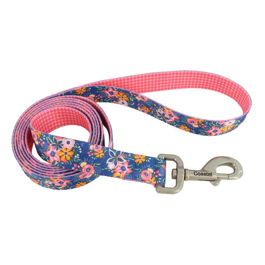 Coastal Sublime Dog Leash, Pink and Orange Flowers on Navy, Medium/Large - 1in x 6ft