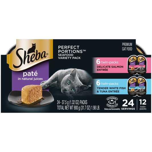 Sheba Wet Cat Food Pate Variety Pack, Salmon, Whitefish & Tuna Entrees, 2.6oz 12pk