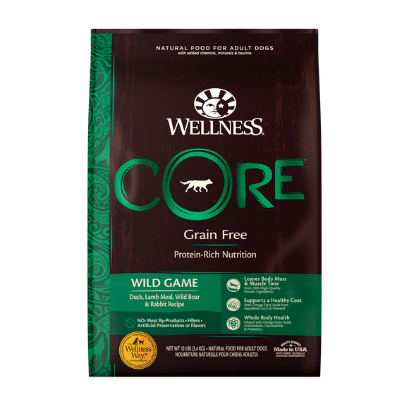 Wellness CORE Natural Grain Free Dry Dog Food Wild Game Duck Lamb Meal Wild Boar & Rabbit 12lb Bag