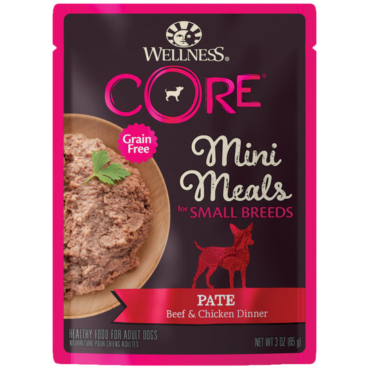 Wellness CORE Natural Grain Free Small Breed Mini Meals Wet Dog Food Paté Beef & Chicken Dinner 3oz Pouch