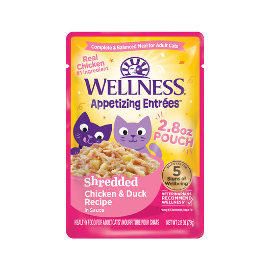 Wellness Appetizing Entrées Shredded Adult Wet Cat Food Chicken Duck 2.8oz Pouch