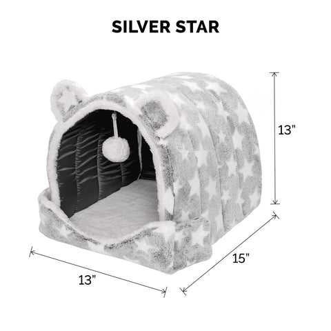 Fur Haven Fleece Snuggle Hideout Pet Bed - Fleece & Faux Fur 13x13in Grey Stars