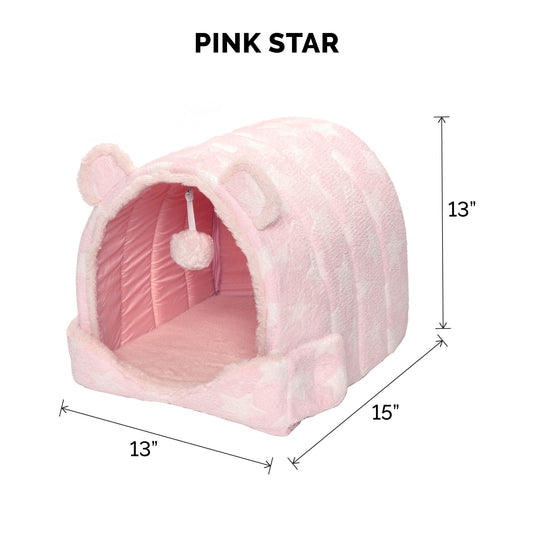 Fur Haven Fleece Snuggle Hideout Pet Bed - Fleece & Faux Fur 13x13in Pink Stars