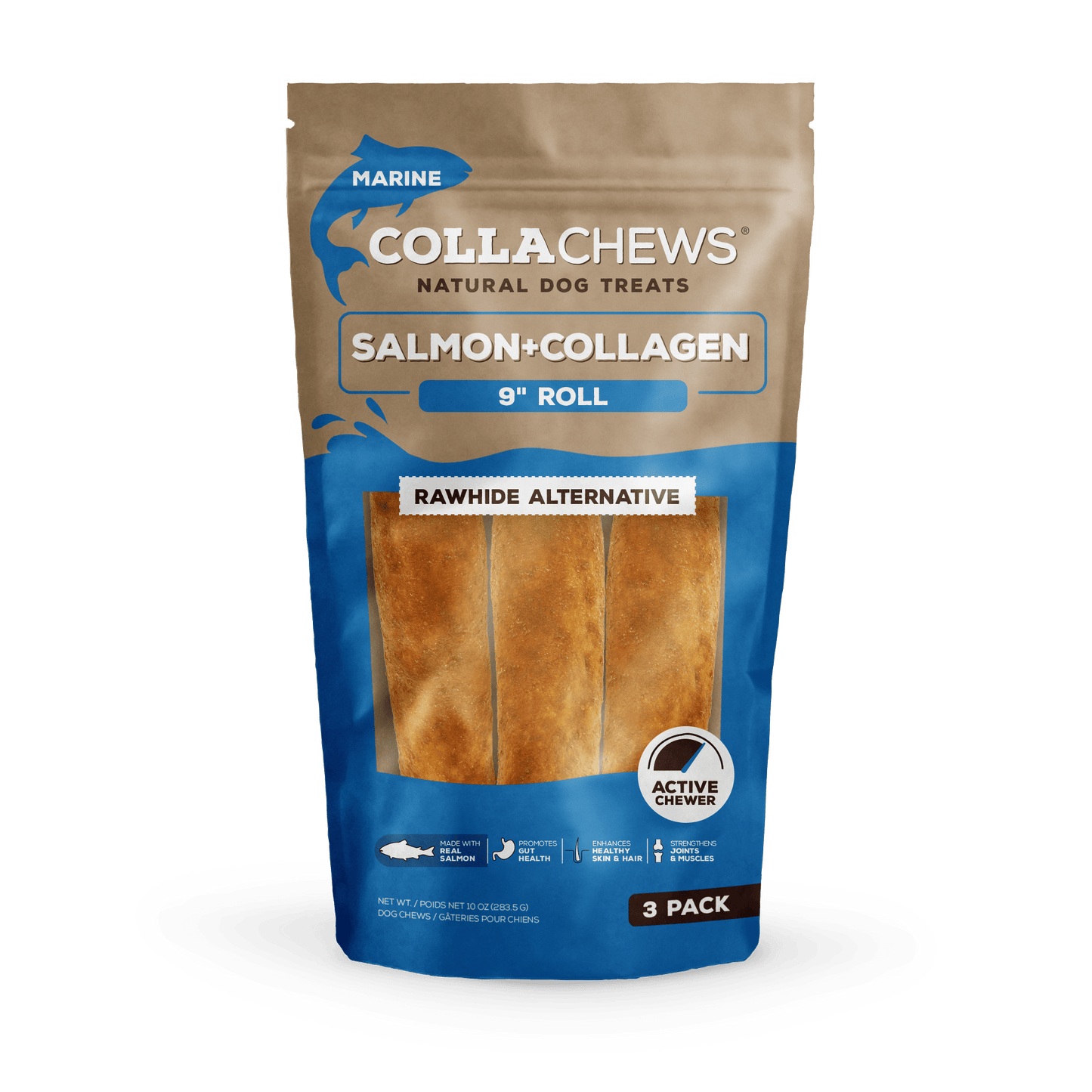 Collachews Dog Treat Salmon Collagen Roll 9in
