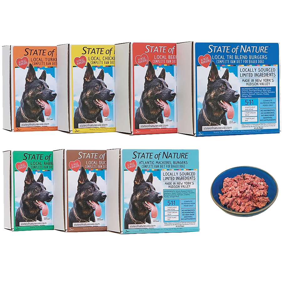 Sirius State of Nature Dog Burgers 8oz pack of 6 Triblend Turkey Chicken Beef