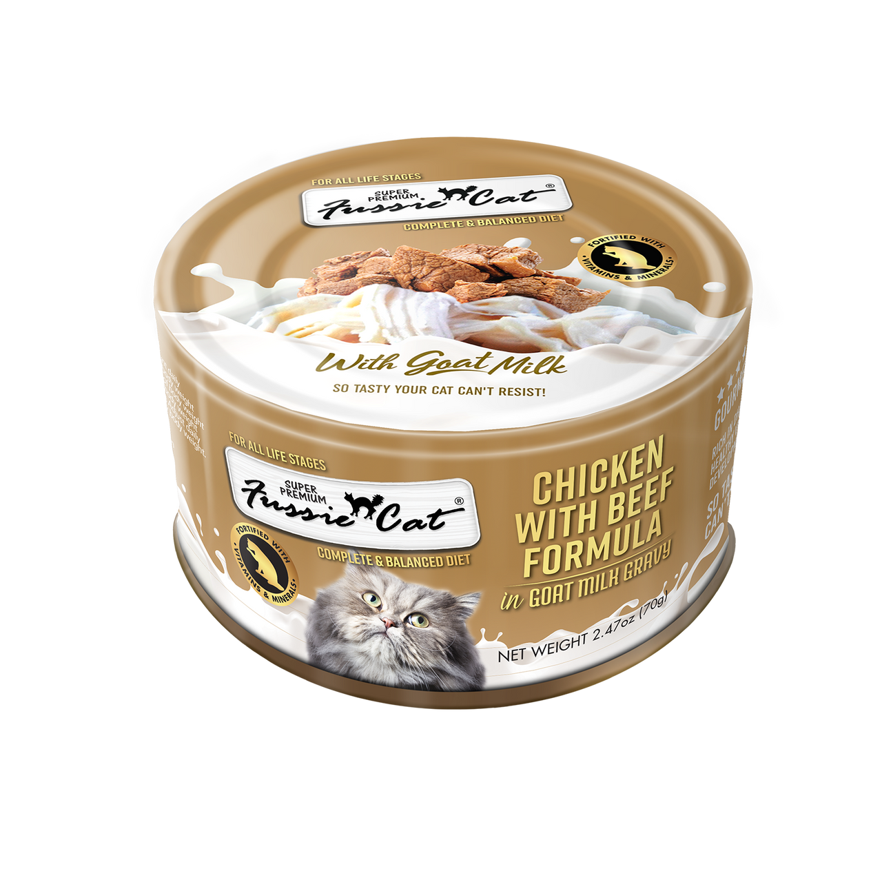 Fussie Cat Super Premium Chicken w/Beef in Goats Milk 2.47oz can