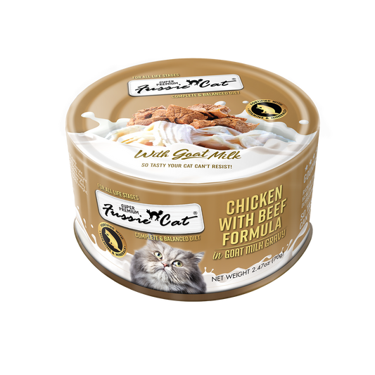 Fussie Cat Super Premium Chicken w/Beef in Goats Milk 2.47oz can