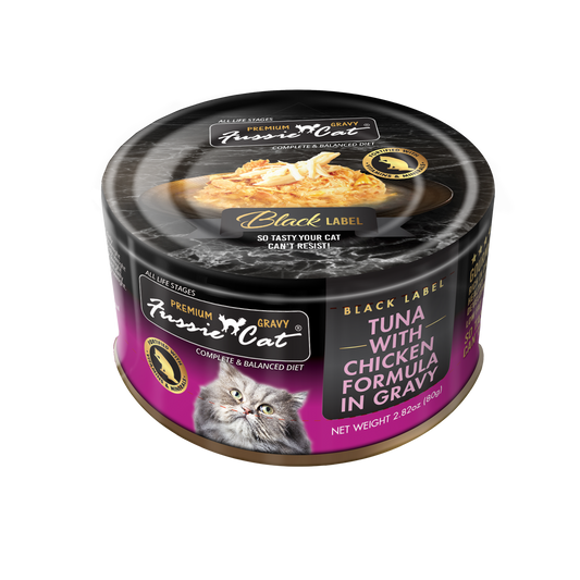 Fussie Cat Premium Black Label Tuna w/Chicken in Gravy 2.82oz can