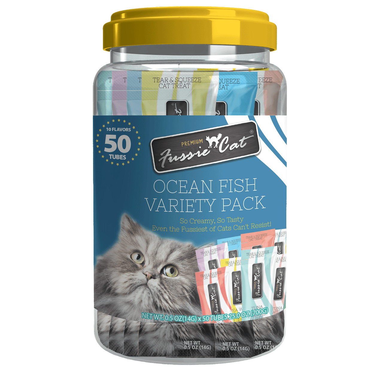 Fussie Cat Treat Puree Ocean Fish Variety .5oz x 50 pack (10 Flavors)