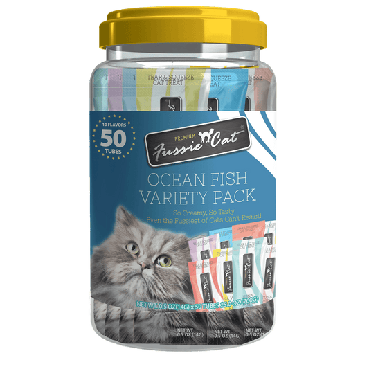 Fussie Cat Treat Puree Ocean Fish Variety .5oz x 50 pack (10 Flavors)