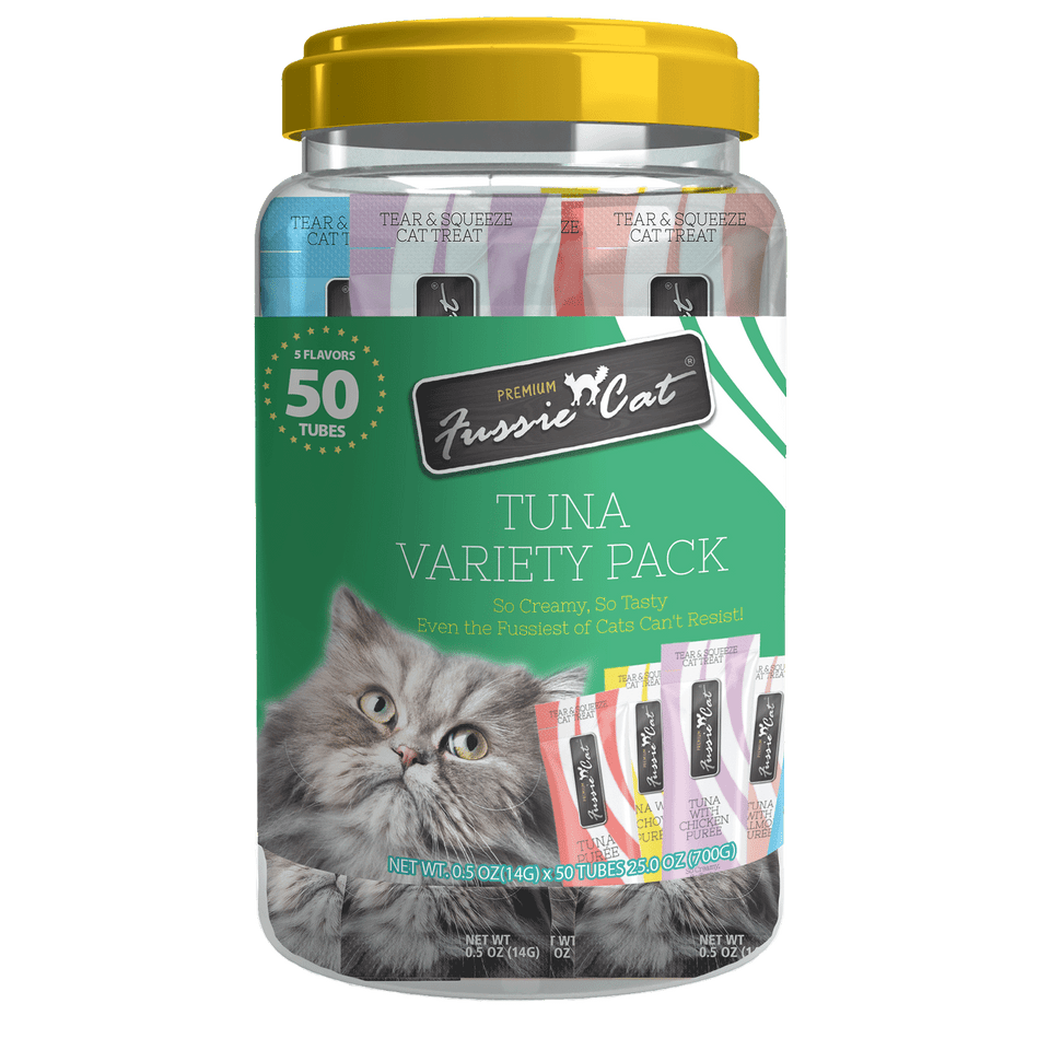 Fussie Cat Treat Puree Tuna Variety .5oz x 50 pack (5 Flavors)