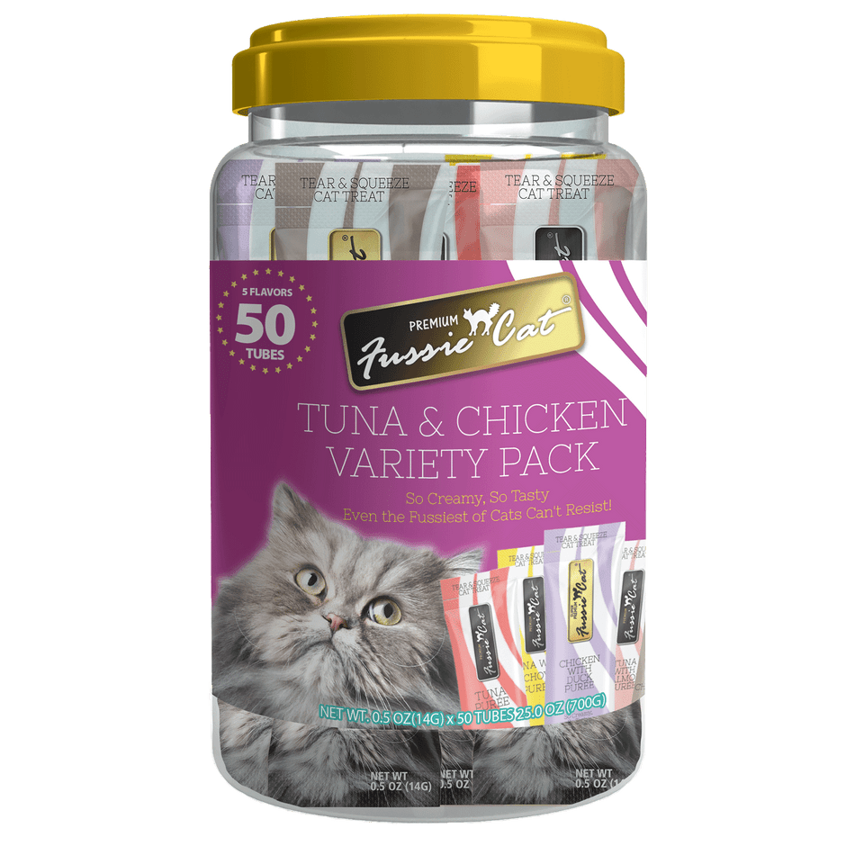 Fussie Cat Treat Puree Tuna Chicken Variety .5oz x 50 pack (5 Flavors)