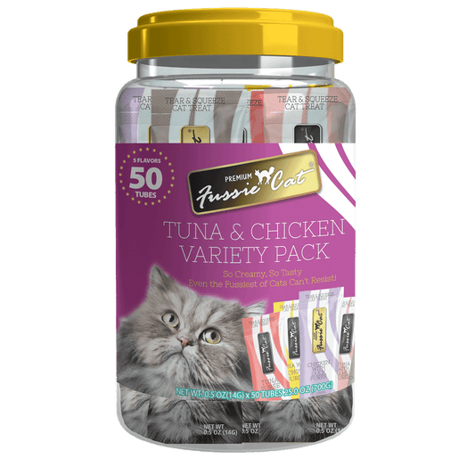 Fussie Cat Treat Puree Tuna Chicken Variety .5oz x 50 pack (5 Flavors)