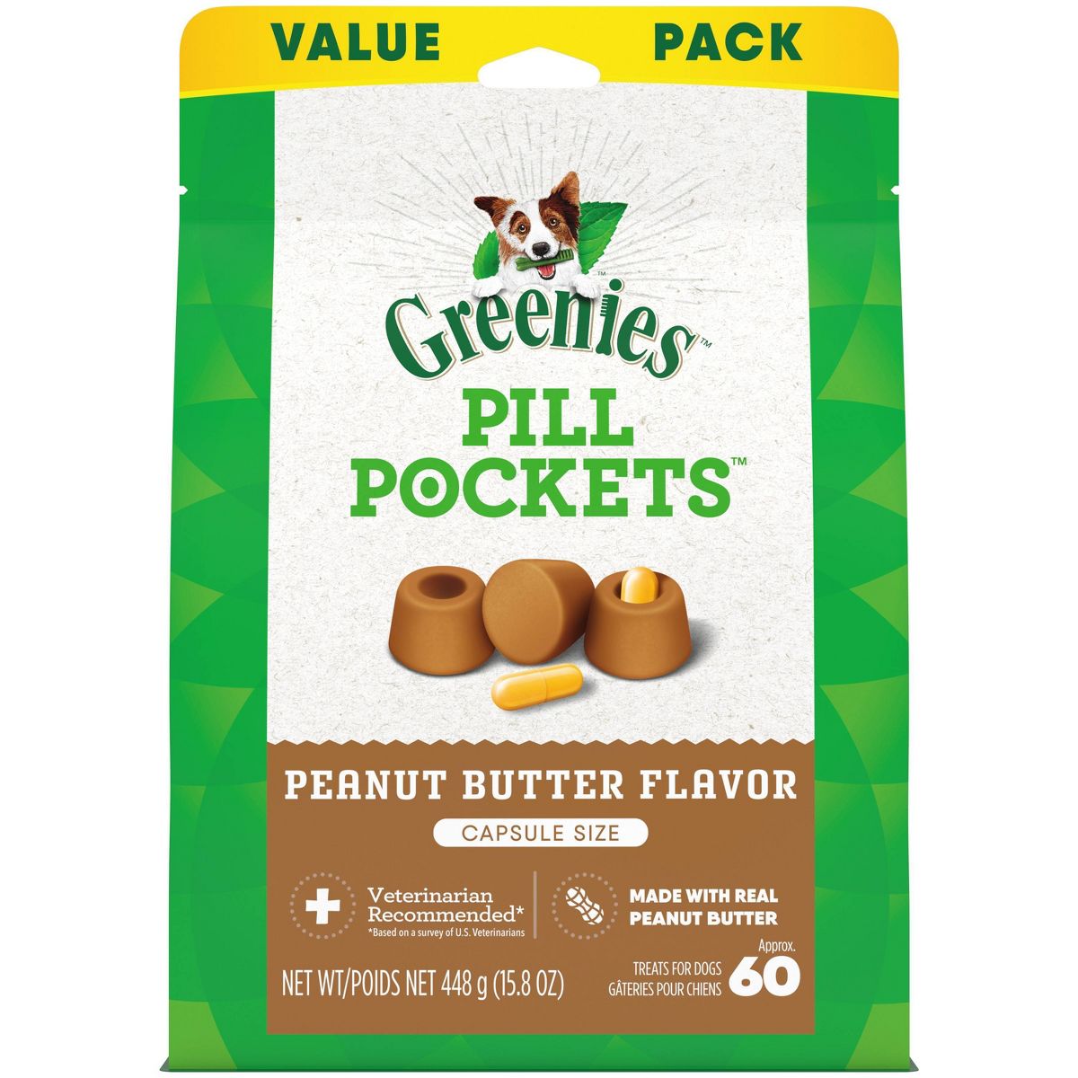Greenies Chewy Dog Pill Pockets Peanut Butter Capsule Size Dog Treats 15.8oz