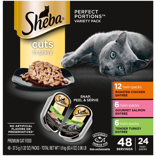 Sheba Perfect Portions Cuts in Salmon, Chicken, Seafood, Turkey and Gravy Flavor Variety 24 Pack Wet Cat Food