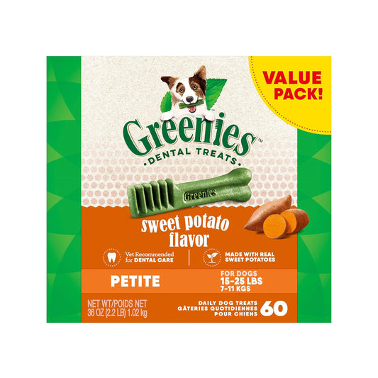 Greenies Canine Dental Treats, Sweet Potato Flavor, Petite, Box of 60 (36oz)