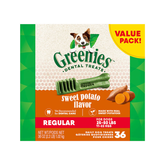 Greenies Canine Dental Treats, Sweet Potato Flavor, Regular, Box of 36 (36oz)