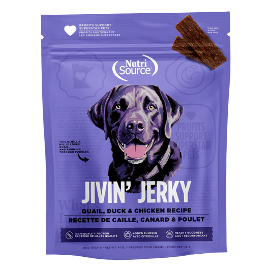Nutrisource Jivin Jerky Strips Dog Treat Quail Duck and Chicken Recipe 4 oz