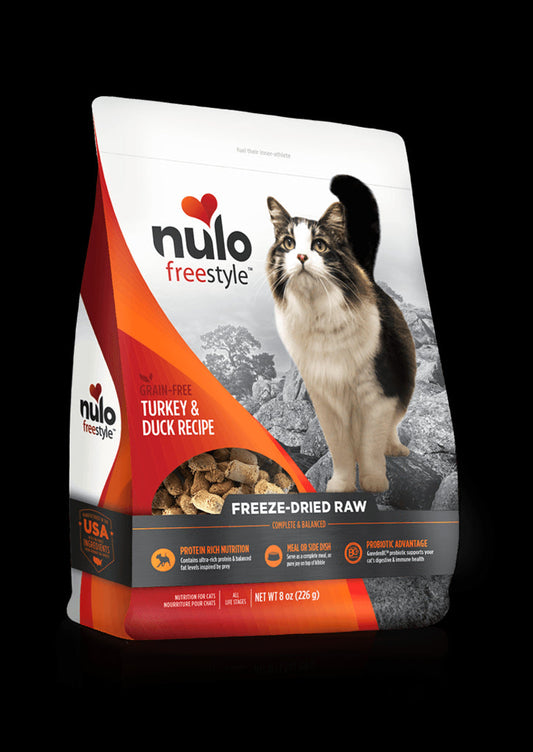 Nulo Freestyle Freeze-Dried Raw Cat Food, Turkey and Duck, 5.5 oz - Grain Free Cat Food with Probiotics, Ultra-Rich Protein to Support Digestive and Immune Health - Premium Pet Food Topper, Orange