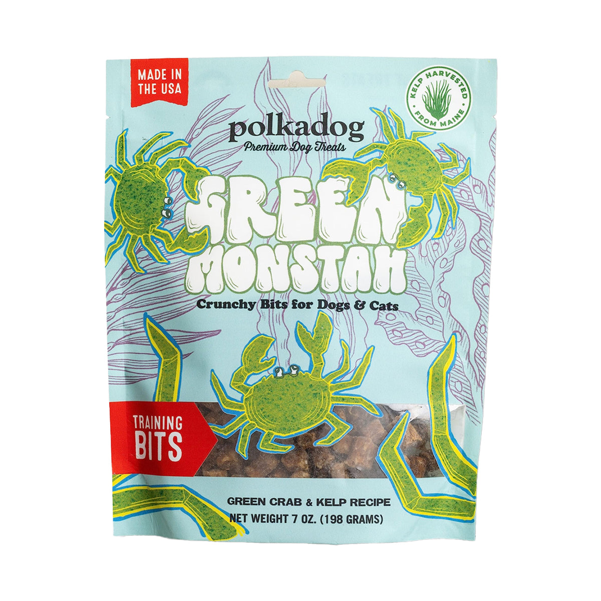 Polkadog Green Monstah Training Bits Crunchy Dog & Cat Treats, Green Crab & Kelp Recipe, 7oz