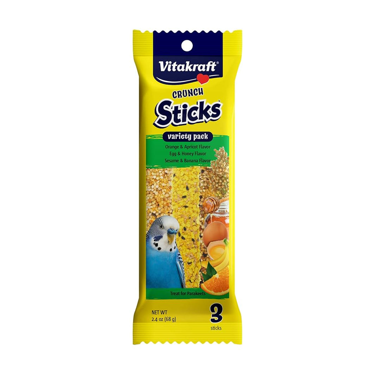 Vitakraft Crunch Sticks Parakeet Treats Variety Pack, Orange & Apricot, Egg & Honey, and Sesame & Banana