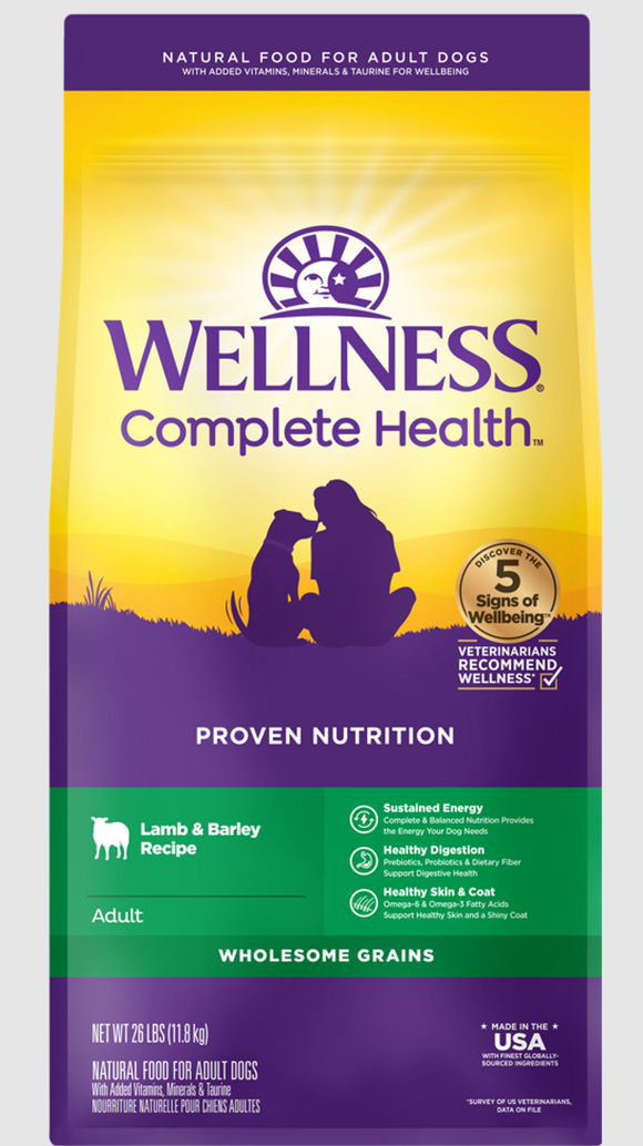 Wellness Complete Health Adult Dry Dog Food Lamb & Barley Recipe 26lb Bag
