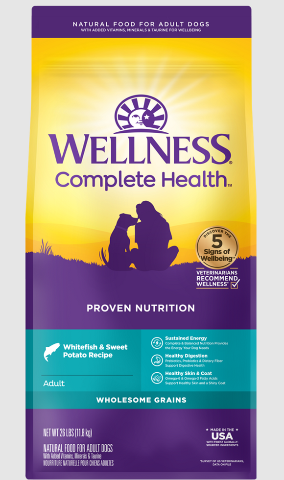 Wellness Complete Health Adult Dry Dog Food Whitefish & Sweet Potato Recipe 26lb Bag