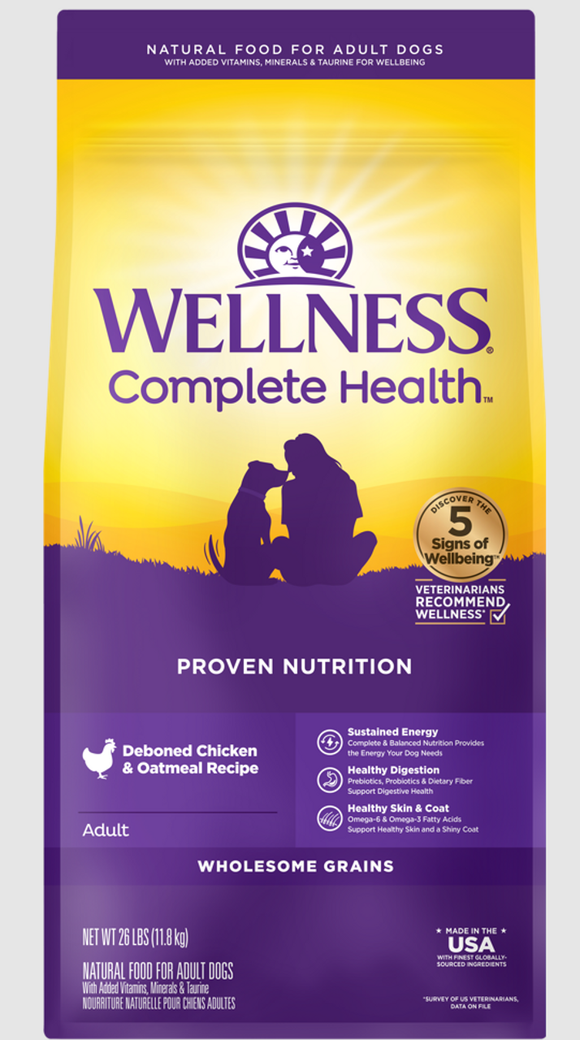 Wellness Complete Health Adult Dry Dog Food Deboned Chicken & Oatmeal Recipe 26lb Bag