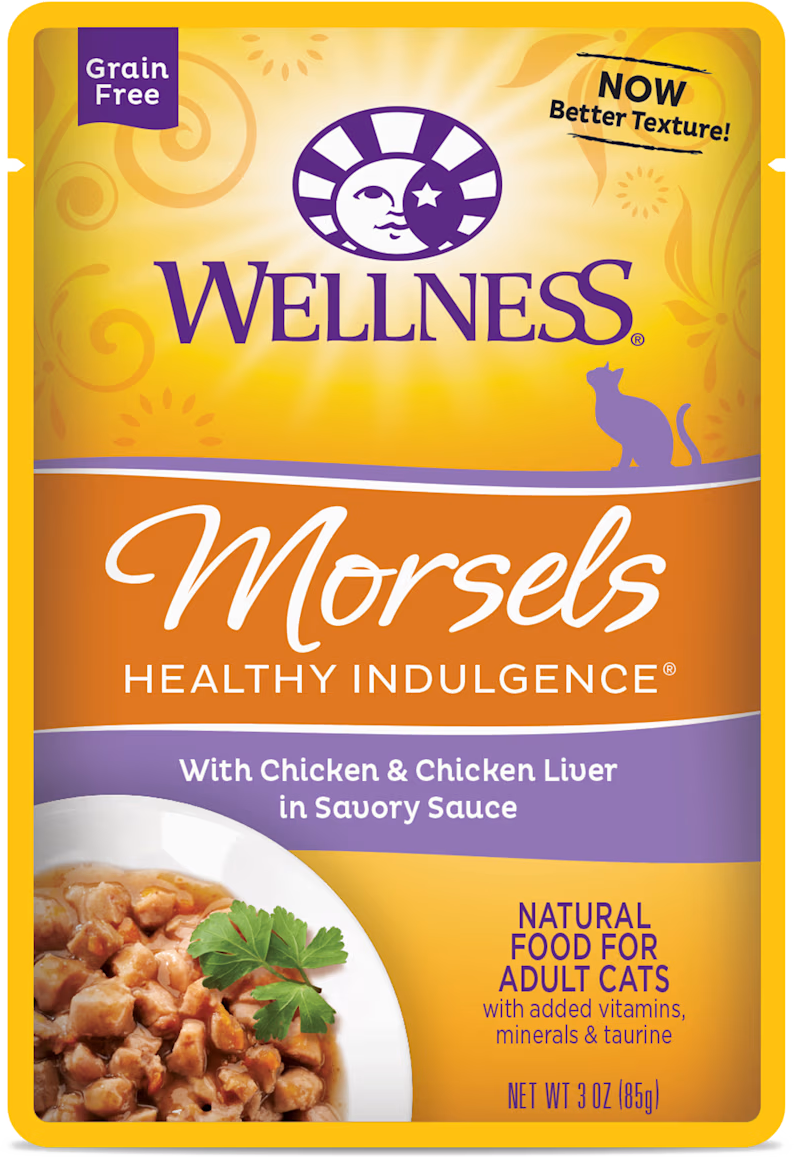 Wellness Healthy Indulgence Natural Grain Free Wet Cat Food Morsels Chicken & Chicken Liver 3oz Pouch