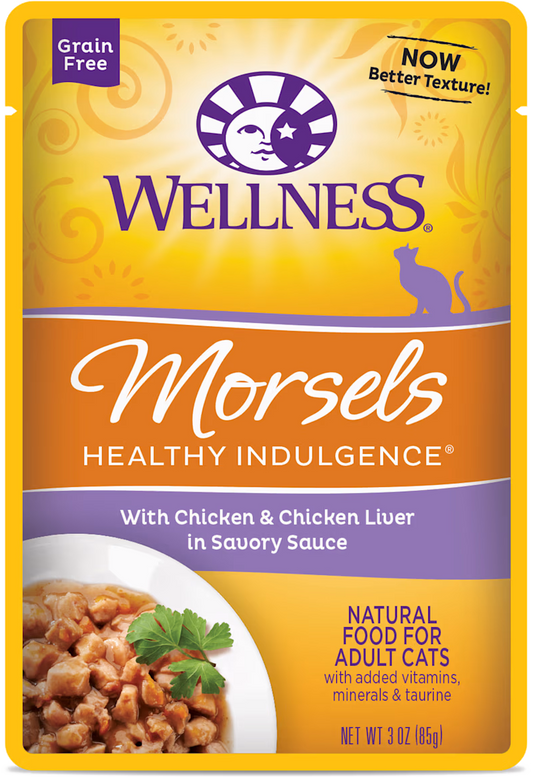 Wellness Healthy Indulgence Natural Grain Free Wet Cat Food Morsels Chicken & Chicken Liver 3oz Pouch