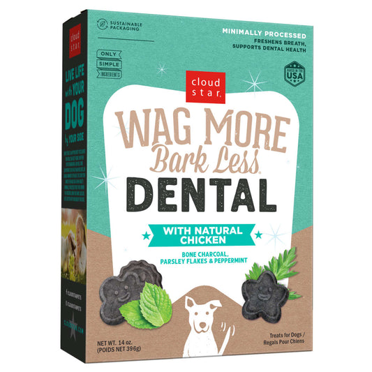 Cloud Star Wag More Bark Less Crunchy Dental Dog Treats, Chicken, Bone Charcoal, Parsley & Mint, 14 oz. Box