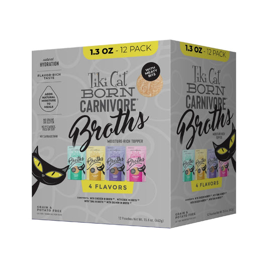 Tiki Cat Born Carnivore Broths Wet Cat Food Toppers Variety Pack 1.3oz Pouch (12 Count)