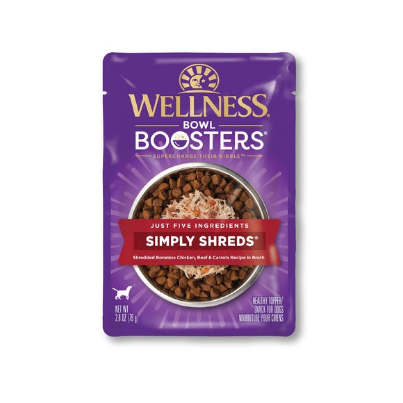 Wellness Bowl Boosters Simply Shreds Natural Grain Free Wet Dog Food Mixer or Topper Chicken Beef & Carrots 2.8oz Pouch