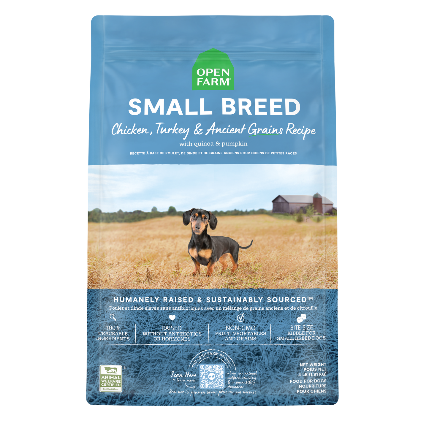 Open Farm Small Breed & Ancient Grains Recipe Kibble For Dogs 4lb Bag