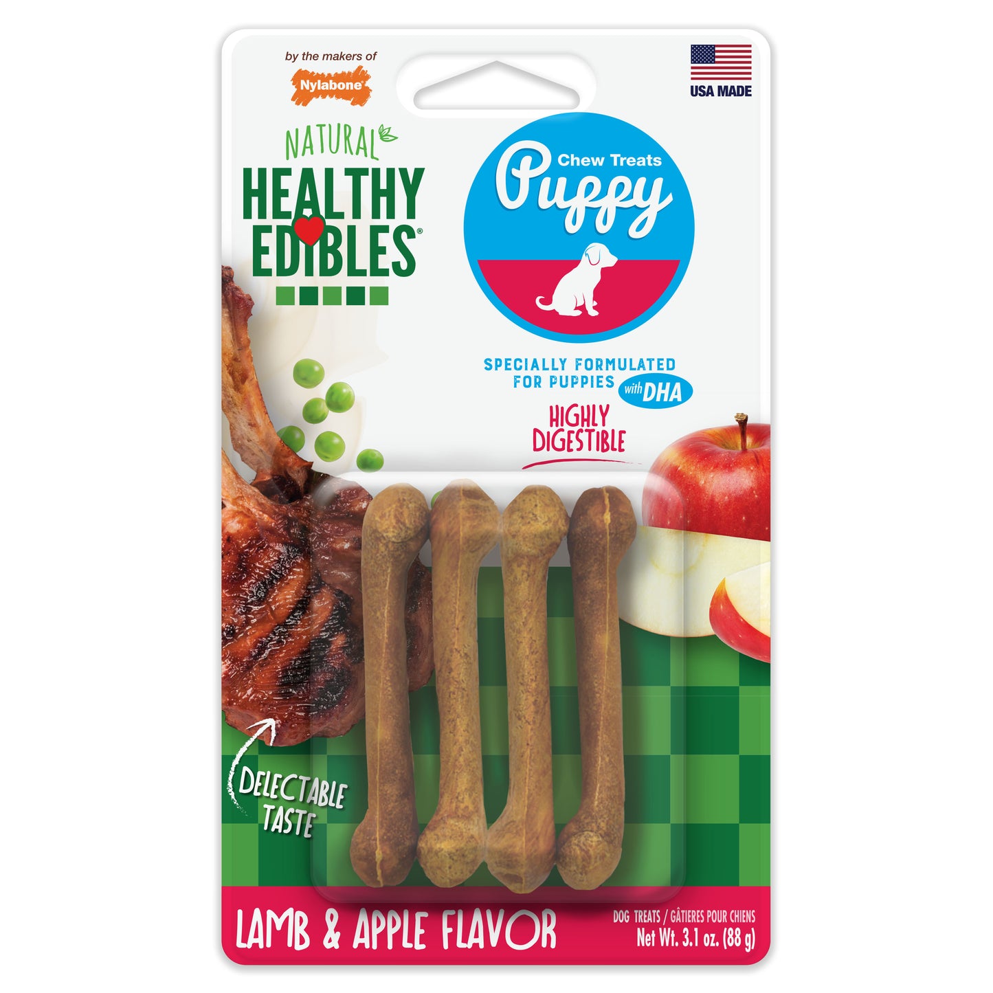 Nylabone Healthy Edibles Puppy Animal-Shaped Lamb & Apple Dog Chew Treats X-Small/Petite