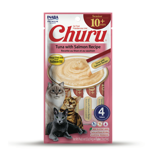 INABA Churu Senior 10+  Cat Treats  0.5 ounces Each, 4 Tubes, Tuna with Salmon Recipe