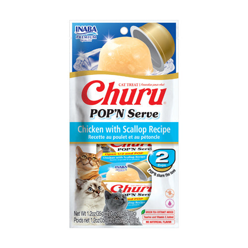 INABA Churu Pop'N Serve Jelly Cat Treat with Vitamin E & Taurine, 1.2 Ounce Cup, 2 Cups, Chicken with Scallop Recipe