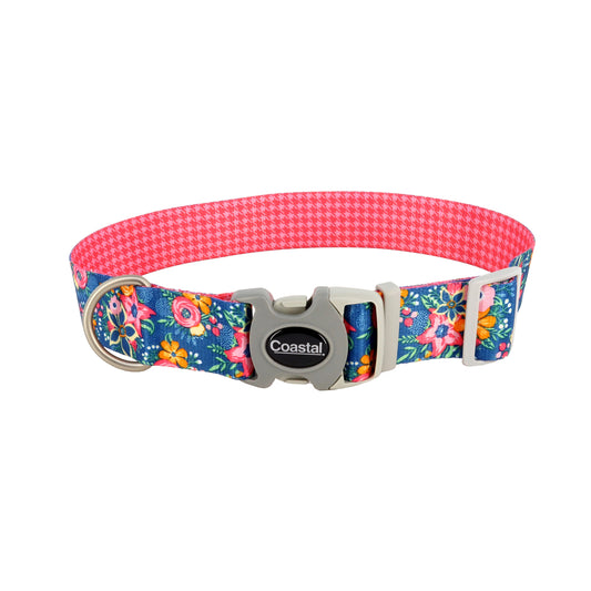 Coastal Sublime Adjustable Dog Collar, Pink and Orange Flowers on Navy, Large - 1 1/2in x 18-26in